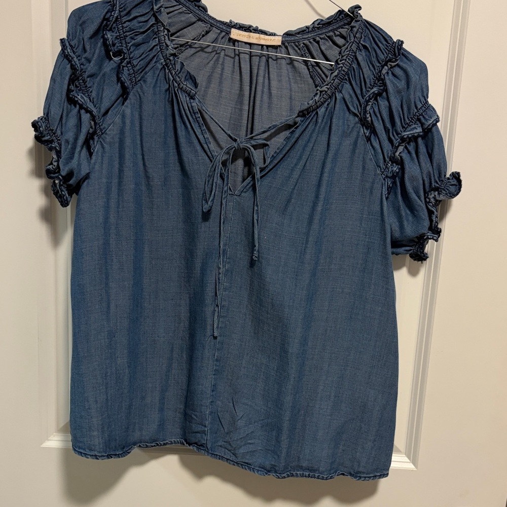 Elegant Denim Blue Blouse with Ruffle Details